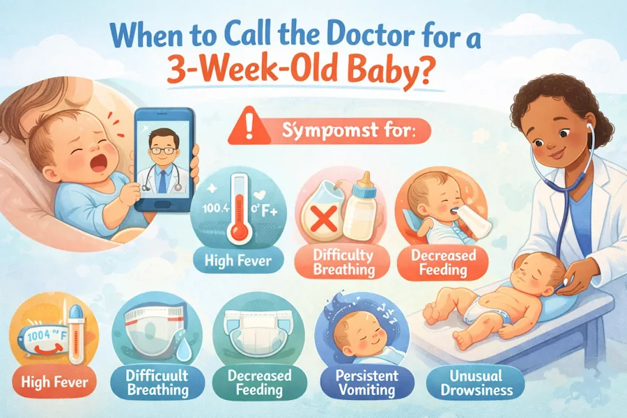 متى يجب مراجعة الطبيب للرضيع بعمر 3 أسابيع؟