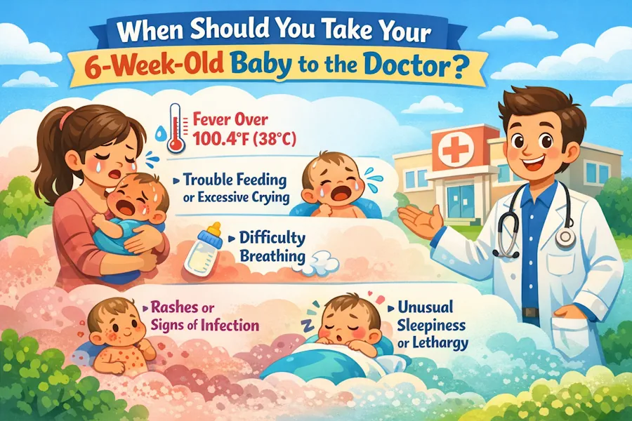 متى يجب أخذ الرضيع بعمر ستة أسابيع إلى الطبيب؟