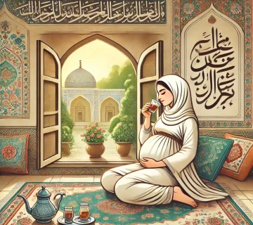 تصویر یک زن باردار در خانه‌ای با دکوراسیون سنتی ایرانی، در حال نوشیدن چای گیاهی و استراحت، نشان‌دهنده محیطی آرام برای زنان در دوران بارداری