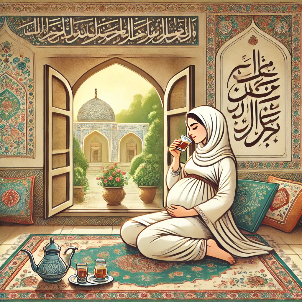 تصویر یک زن باردار در خانه‌ای با دکوراسیون سنتی ایرانی، در حال نوشیدن چای گیاهی و استراحت، نشان‌دهنده محیطی آرام برای زنان در دوران بارداری