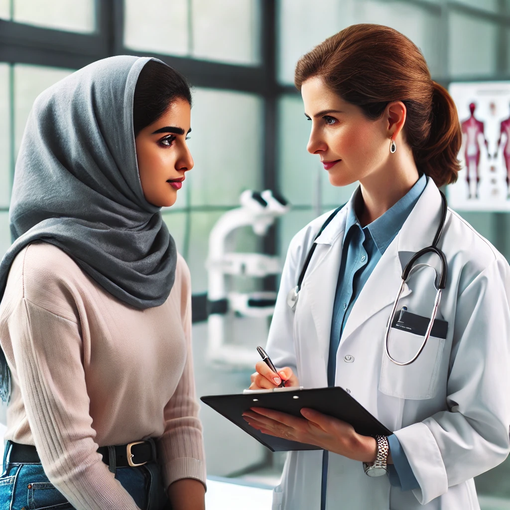 یک زن ایرانی در حال مشاوره با پزشک زن در یک کلینیک پزشکی مدرن. پزشک با پوشیدن روپوش سفید و در دست داشتن تخته یادداشت، توصیه‌های بهداشتی و پزشکی را ارائه می‌دهد. محیط کلینیک تمیز و حرفه‌ای است و بر سلامت و بهداشت زنان تمرکز دارد