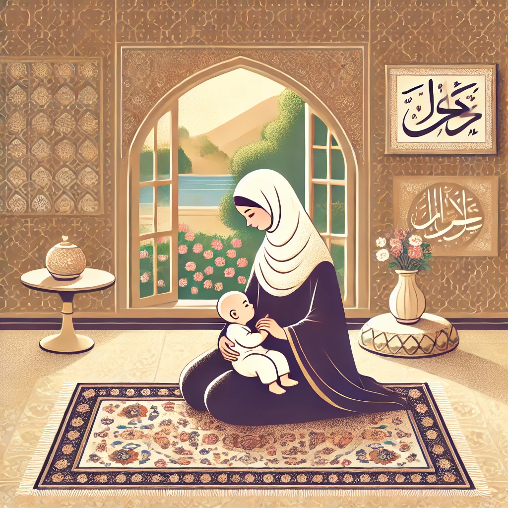 تصویر یک مادر با حجاب سنتی ایرانی که در خانه‌ای با دکوراسیون ایرانی اسلامی در حال شیردهی به نوزاد خود است، با فضای گرم و دلنشین