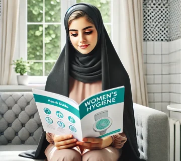 زن ایرانی با حجاب در محیطی پاکیزه و بهداشتی در حال مطالعه راهنمای سلامت زنان، تأکید بر رعایت اصول بهداشتی و پیشگیری از عفونت‌های شایع در زنان
