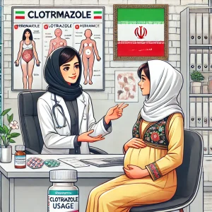 تصویر یک پزشک زن ایرانی با روپوش سفید و حجاب که در حال توضیح مزایای کلوتریمازول برای یک زن باردار ایرانی در یک مطب پزشکی با دکور سنتی ایرانی است  پوسترهای پزشکی فارسی مرتبط با سلامت زنان در پس‌زمینه دیده می‌شوند 