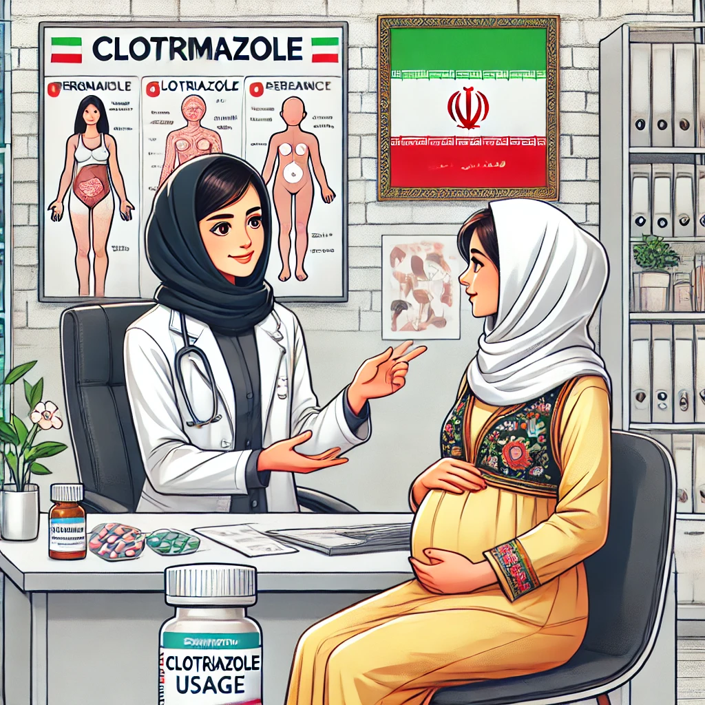 تصویر یک پزشک زن ایرانی با روپوش سفید و حجاب که در حال توضیح مزایای کلوتریمازول برای یک زن باردار ایرانی در یک مطب پزشکی با دکور سنتی ایرانی است پوسترهای پزشکی فارسی مرتبط با سلامت زنان در پسزمینه دیده میشوند