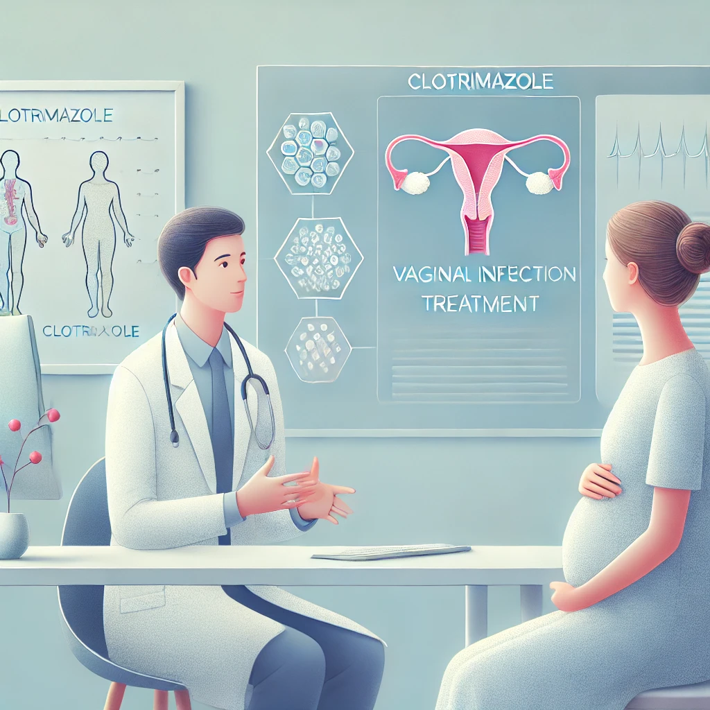 تصویر یک پزشک زن که در یک مطب پزشکی تمیز و حرفهای، درباره مزایای کلوتریمازول برای زنان باردار توضیح میدهد. در پسزمینه، نموداری از درمان عفونت قارچی نمایش داده شده است